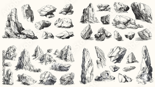 Hand-drawn studies of rocky formations and boulders in varied shapes and sizes. Perfect for geology visuals, landscaping concepts, adventure posters, and vintage illustration.