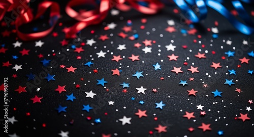 Colorful Star Confetti and Ribbons on a Dark Surface for a Festive Celebration