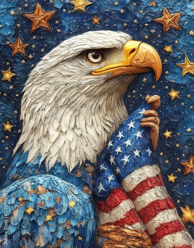 Majestic Eagle Holds American Flag Against a Starry Night Background With Gol...