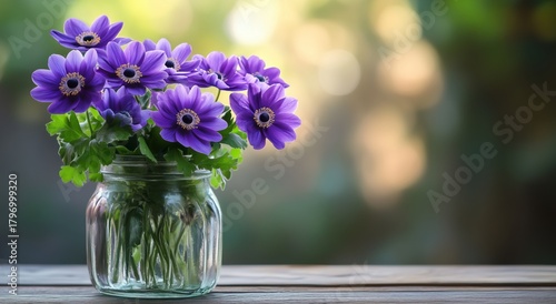 Beautiful Purple Flowers in a Jar Showcased in a Bright Outdoor Setting