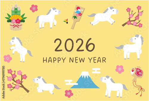 2026年午年の年賀状テンプレート。白馬、かわいい、縁起物、ベクター、梅の花