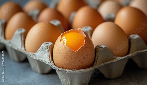 Fresh Eggs in Carton With One Cracked Open Revealing Bright Yolk Surrounded b...