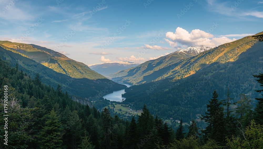 Fototapeta premium A scenic view of vibrant green mountains with snowy summits beneath a bright blue sky, emphasizing seasonal change