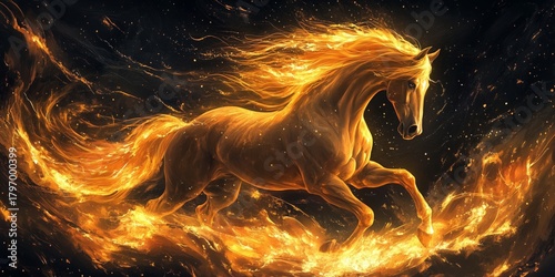 Majestic Horse Running Through Flames in a Mystical Landscape at Twilight