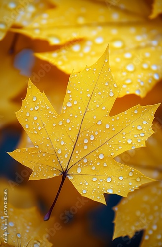 Bright Yellow Maple Leaves With Water Droplets in Autumn Forest Setting Durin...