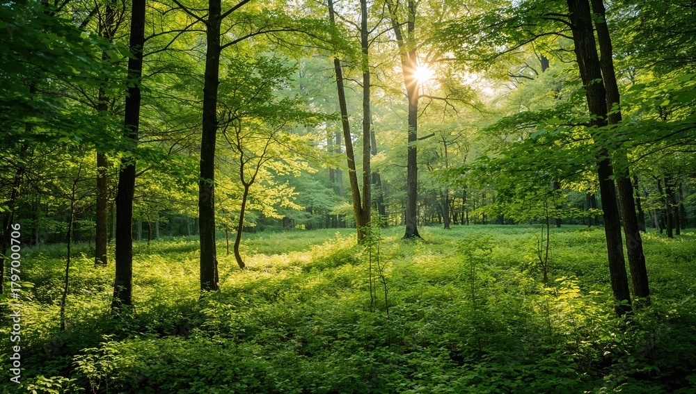 Fototapeta premium Sunlight Filtering Through Trees, Natural Lighting Enhancement
