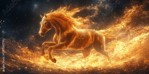 Majestic Horse Galloping Through Flames in a Surreal Cosmic Landscape at Twil...