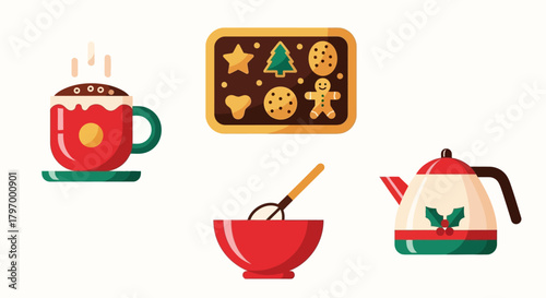 Festive illustration featuring a mug of hot chocolate, a tray of Christmas cookies, a mixing bowl with a whisk, and a decorated teapot, all on a white background.