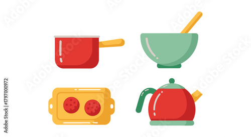 A colorful illustration featuring a red pot, a green bowl with a spoon, a yellow tray with two meatballs, and a red teapot.