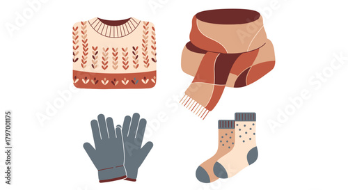 Illustration of a folded sweater, a scarf, a pair of gloves, and a pair of socks, all designed for cold weather.