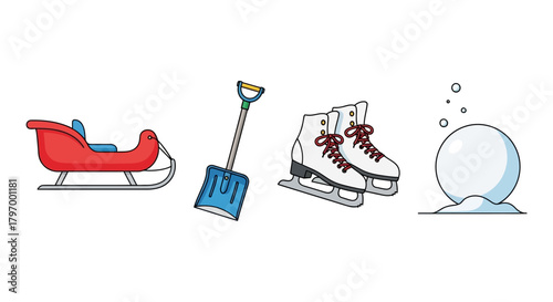 A cartoon illustration featuring a red sled, a blue snow shovel, white ice skates with red laces, and a snowball on a white background.