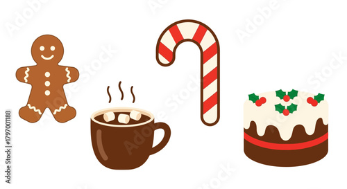 Festive holiday icons featuring a gingerbread man, hot chocolate with marshmallows, a candy cane, and a decorated Christmas cake.