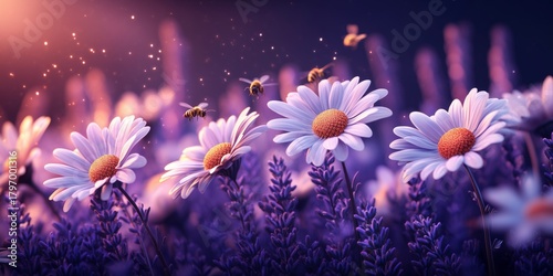 Bees Gathering Pollen Among Blooming Daisies and Lavender at Sunset