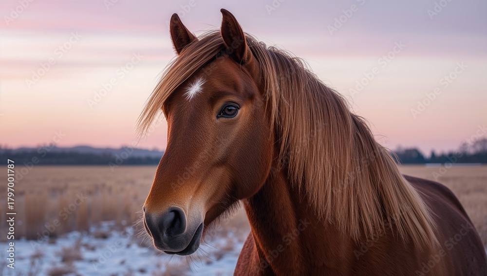 Obraz premium Portrait of a Horse in a Meadow during Twilight, seasonal change