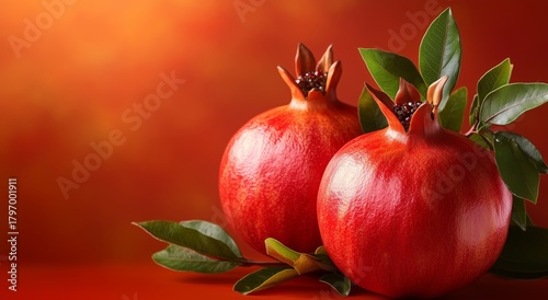 Bright Red Pomegranate Fruit Hanging on a Branch Near an Orange Background