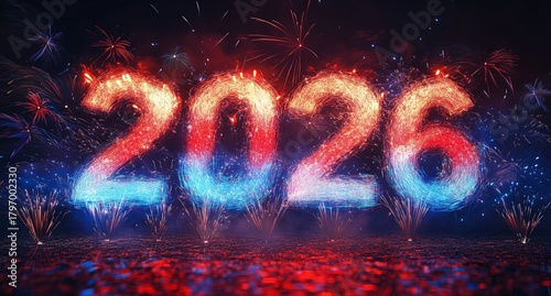 Fireworks Display Welcoming the New Year 2026 With Colorful Bursts and Sparkl...