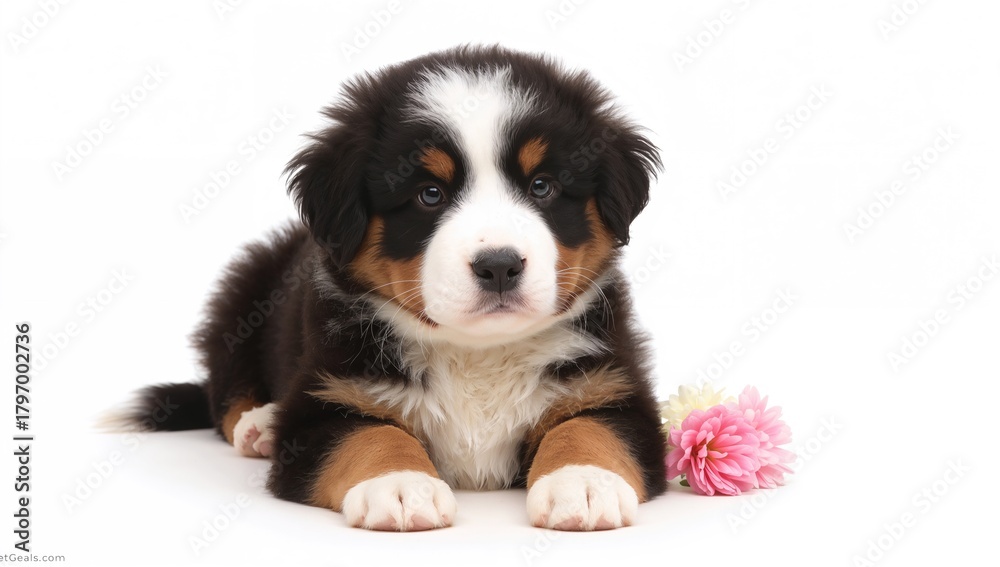 Fototapeta premium Bernese Mountain Dog puppy against a plain white backdrop, focus on companionship