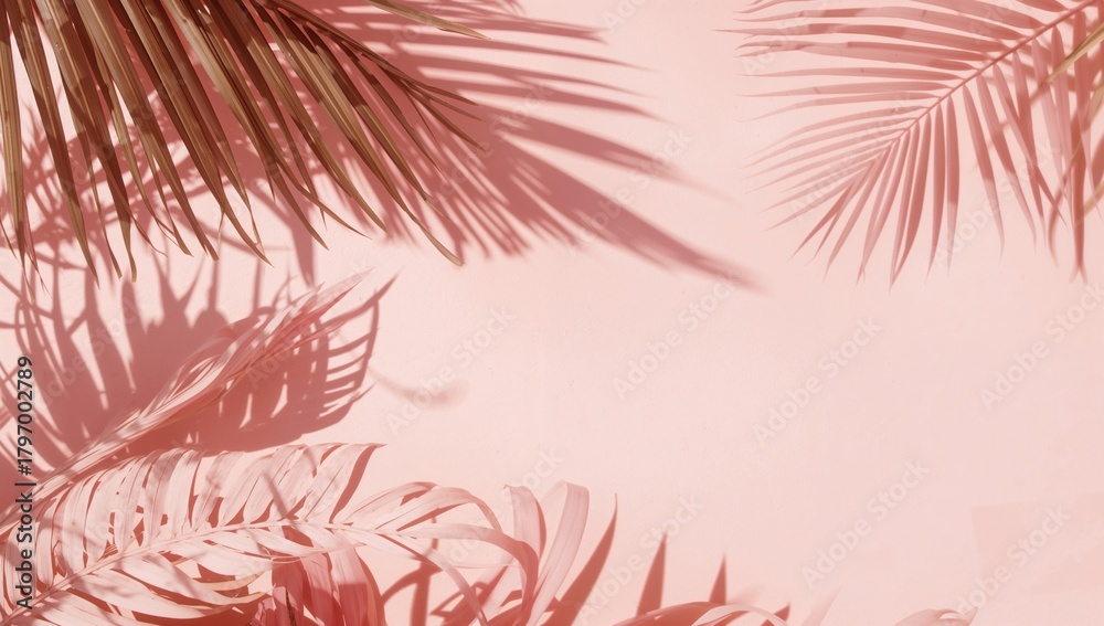 Obraz premium Summer tropical backdrop featuring pink shadow textures from wild foliage, ideal for editorial header backgrounds