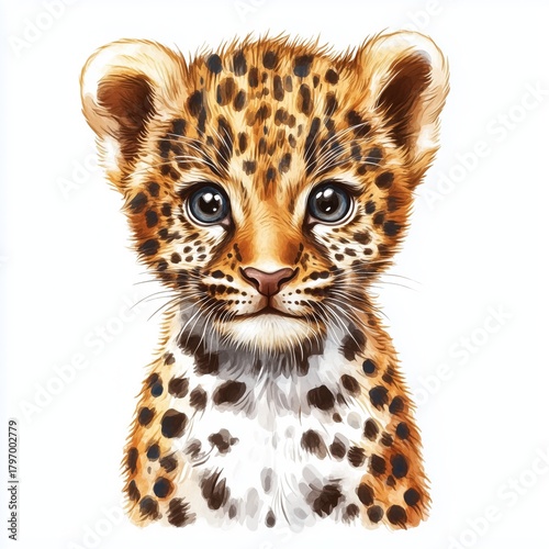 Close-up of a Young Leopard Cub With Striking Features on a White Background