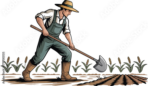 Farmer working in the field with a hoe vector drawing