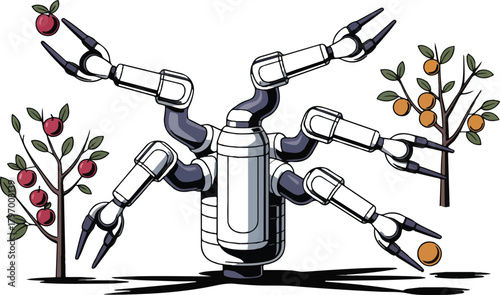 Futuristic agricultural robot harvesting apples smart farming technology vector illustration