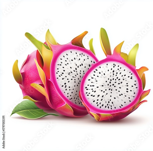 Bright Dragon Fruit on a Clean Background With Vibrant Green Leaves and a Whi...