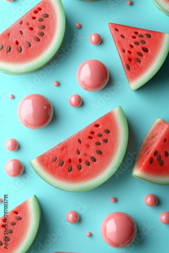 Colorful Watermelon and Pink Sweets Arranged on Blue Background During Summer...