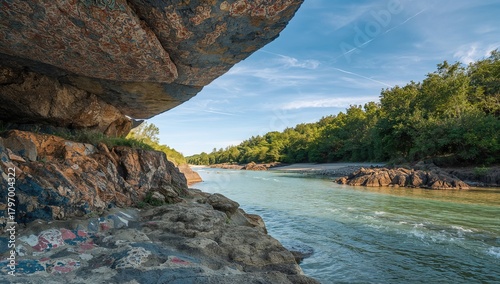 Fototapeta Naklejka Na Ścianę i Meble -  Stone texture with water elements, suitable for editorial backdrop, summer