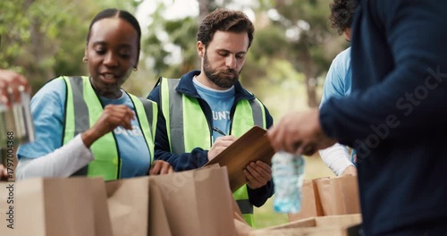 Packing, food drive and volunteers with boxes outdoor for nonprofit, charity or community outreach. Groceries, helping and group of people with parcels for donation with social responsibility in park