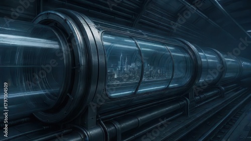 Underground Rapid Transit Network: Cylindrical transparent transport vessel positioned within evacuated tube infrastructure