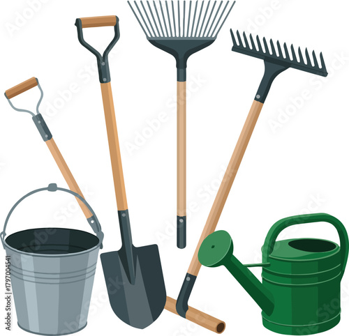 Garden work tools collection with shovel rake and bucket vector