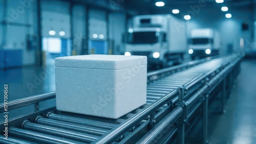 Cold Storage Fulfillment Operation: White insulated box positioned on conveyor infrastructure within frozen logistics center