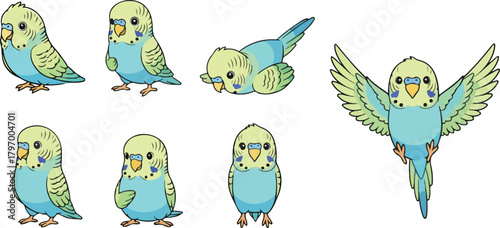 vector illustration of parakeet bird funny cute cartoon mascot character cartoon with 7 poses 
