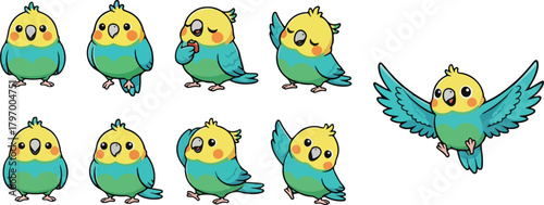 vector illustration of parakeet bird funny cute cartoon mascot character cartoon with 9 poses 
