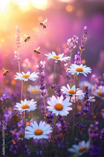 Beautiful Flowers and Bees in a Colorful Garden During Sunset