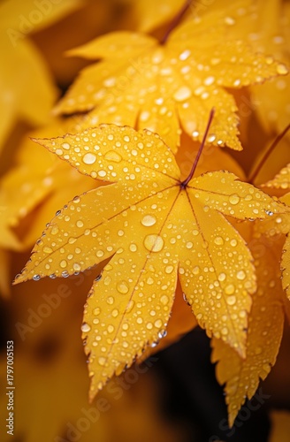 Bright Yellow Maple Leaf With Water Droplets After Rain in Autumn Forest