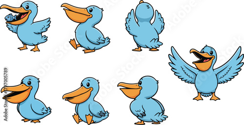 vector illustration of pelican funny cute cartoon mascot character cartoon with 7 poses 