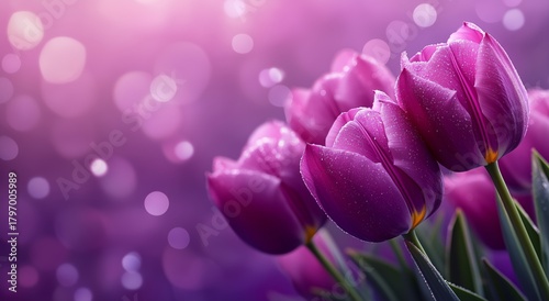 Beautiful Purple Tulips With Dew Drops Glowing in Soft Light