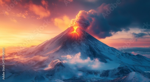 Volcano Erupts at Sunset, Casting Vibrant Colors Over Icy Landscape in Dramat...