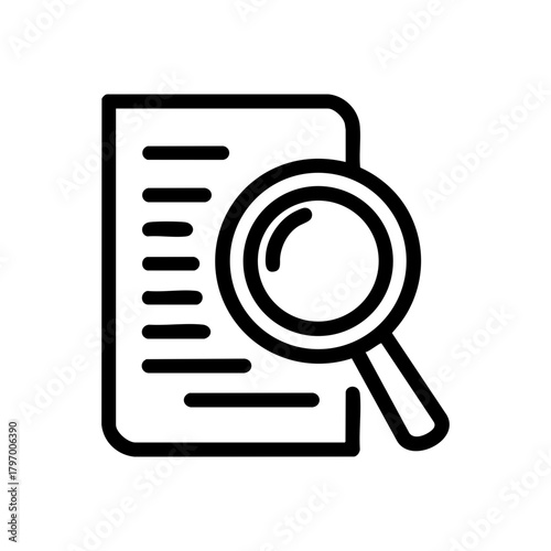 Search document line icon. Magnifying glass over a file for review and analysis. Minimalist outline vector graphic