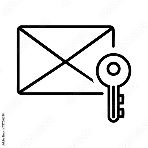 Email security line icon with a key symbol. Vector illustration for message encryption and password protection. Minimalist graphic isolated on a transparent background