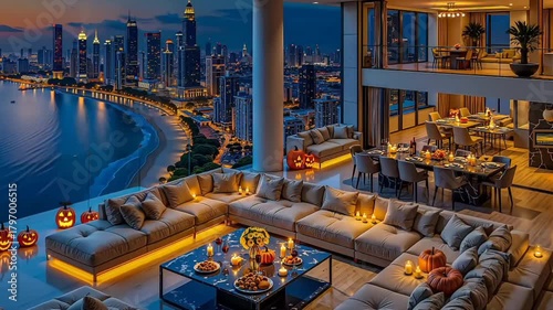 A spectacular multi-level penthouse decorated for Halloween with pumpkins and candles, offering a breathtaking panoramic view of the beach and city skyline at dusk.