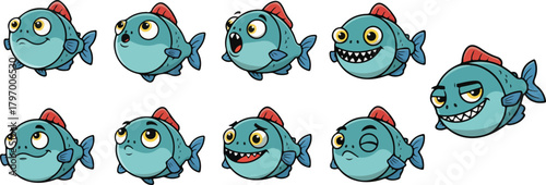 vector illustration of piranha fish funny cute cartoon mascot character cartoon with 9 poses 