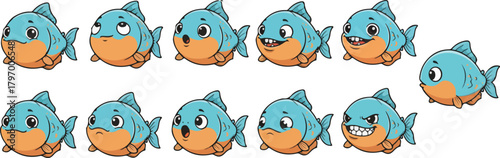 vector illustration of piranha fish funny cute cartoon mascot character cartoon with 11 poses 