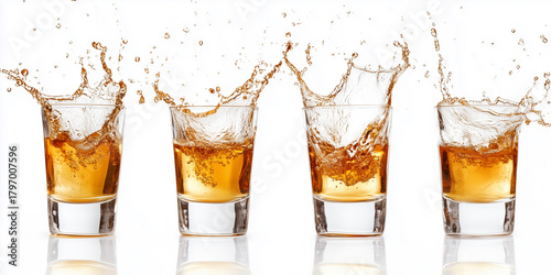 Whiskey splashing in multiple shot glasses
