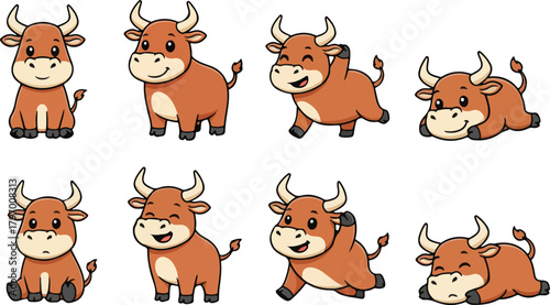 vector illustration of ox funny cute cartoon mascot character cartoon with 8 poses 01