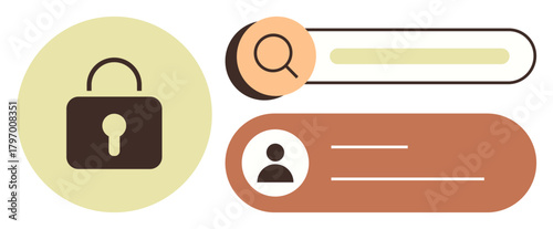 Lock icon, search bar, and user profile block represent security, login, user identification, search, data access. Ideal for identity, networking cybersecurity authentication web navigation
