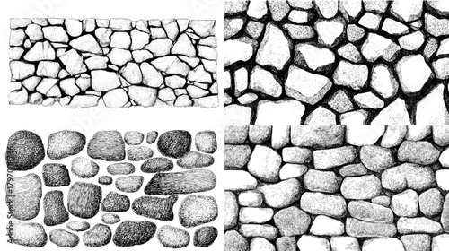 Hand-drawn cobblestone wall textures in monochrome stipple and hatch styles ideal for architectural backgrounds, vintage patterns, and construction-themed designs.