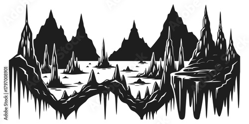 Stylized underground cave landscape with sharp stalactite forms