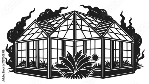 Greenhouse structure with lush plants and rising steam clouds